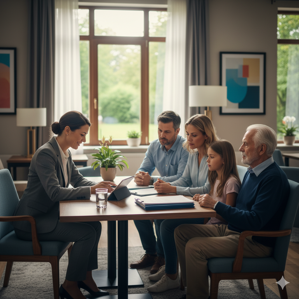 Un abogado o abogada explicando documentos legales a una familia junto a un adulto mayor, sentado en un sillón, dentro de lo que parece ser una sala común o área de visita de un centro geriátrico. La imagen transmite confianza, apoyo y profesionalismo en la defensa de los derechos de la tercera edad.